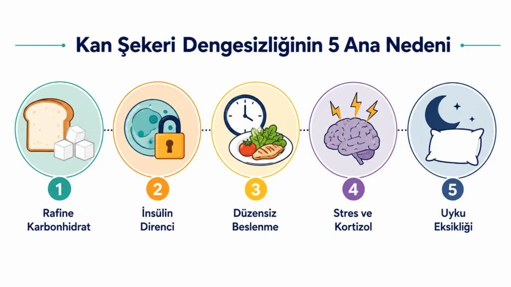 Kan şekeri dengesizliğinin beş ana nedenini gösteren infografik: rafine karbonhidrat, insülin direnci, düzensiz beslenme, stres ve kortizol, uyku eksikliği