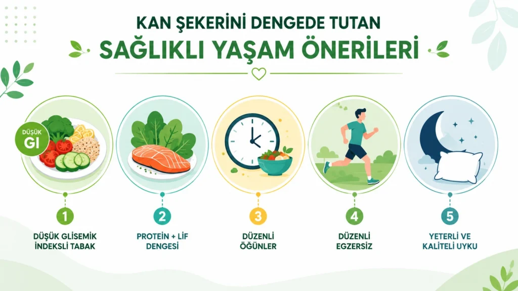 Kan şekerini dengede tutmaya yardımcı sağlıklı yaşam önerilerini gösteren infografik: düşük glisemik indeksli beslenme, protein ve lif dengesi, düzenli öğünler, egzersiz ve kaliteli uyku