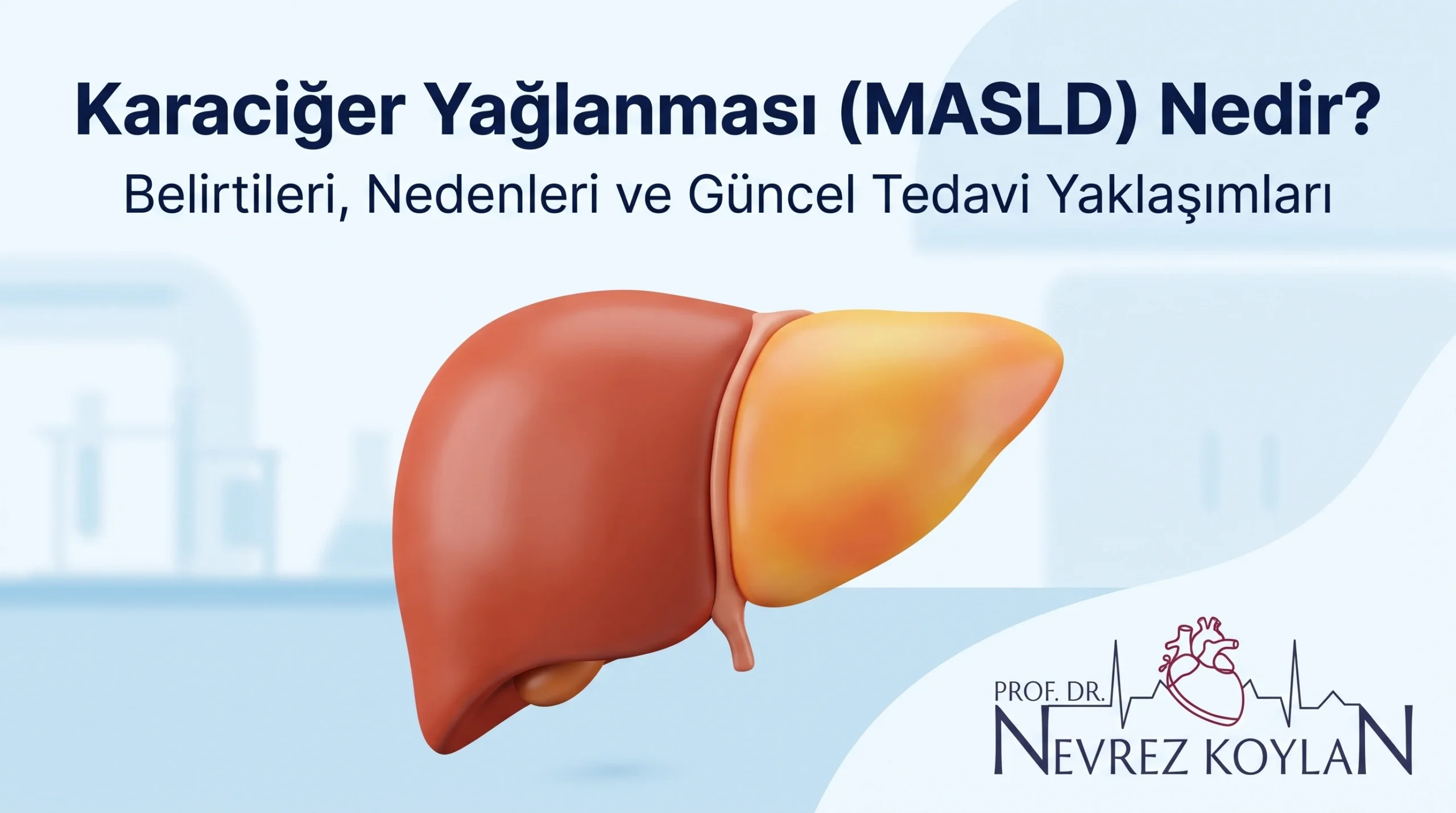 Karaciğer Yağlanması (MASLD) Nedir? başlığını taşıyan, şeffaf anatomik karaciğer illüstrasyonu ve Prof. Dr. Nevrez Koylan logosu içeren medikal blog kapak görseli.