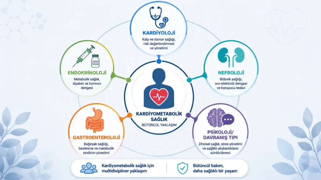 Kardiyometabolik sağlıkta kardiyoloji, endokrinoloji, nefroloji, gastroenteroloji ve psikoloji/davranış tıbbının bütüncül ve multidisipliner yaklaşımını gösteren tıbbi infografik