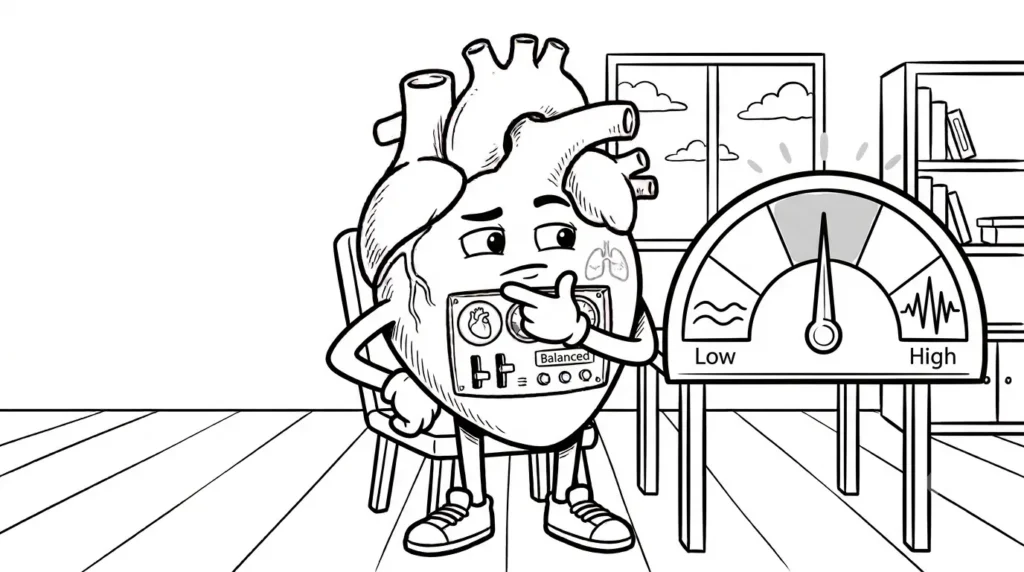 Göstergedeki ideal orta denge bölgesini düşünen ve inceleyen karikatür kalp karakteri siyah beyaz illüstrasyonu.
