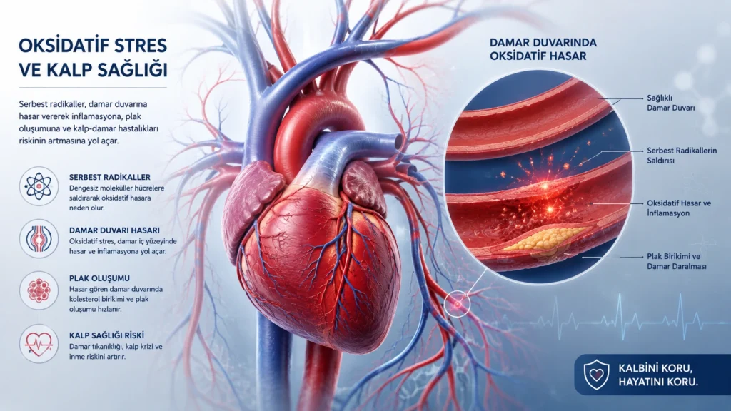 Serbest radikallerin oksidatif stres yoluyla damar duvarında hasar, inflamasyon ve plak birikimine katkısını gösteren kalp ve damar sağlığı infografiği
