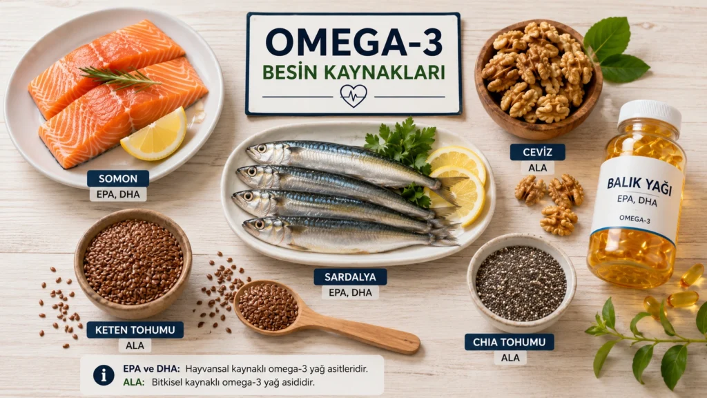 Somon, sardalya, ceviz, keten tohumu, chia tohumu ve balık yağı gibi omega-3 besin kaynaklarını gösteren flat lay infografik