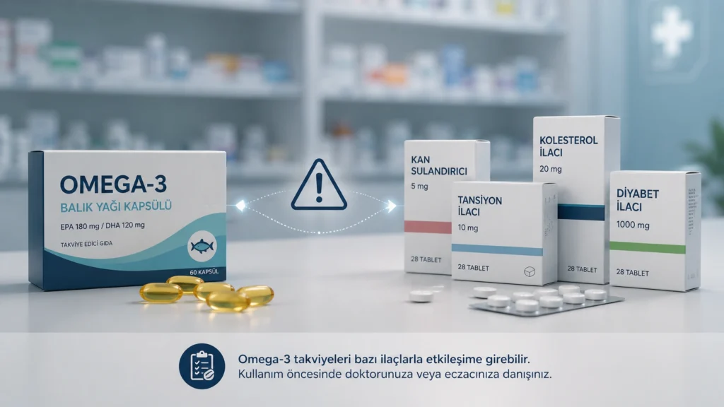 Omega-3 balık yağı takviyesi ile farklı ilaç kutuları arasındaki olası etkileşimleri ve dikkat gerektiren kullanımı gösteren tıbbi görsel