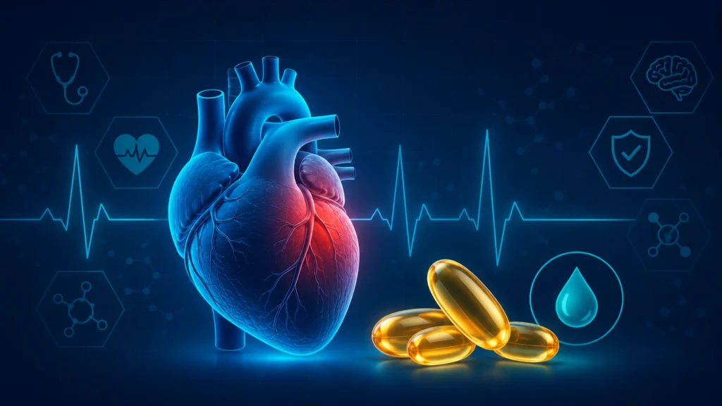 Omega-3 kapsülleri, stilize insan kalbi ve EKG dalga formunu gösteren koyu lacivert ve turkuaz tonlarda modern tıbbi infografik