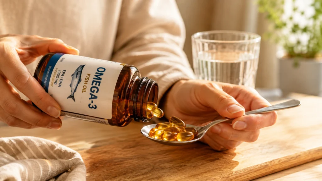 Bir kişinin omega-3 kapsüllerini şişeden kaşığa döktüğü, yanında bir bardak su bulunan günlük takviye kullanımı görseli