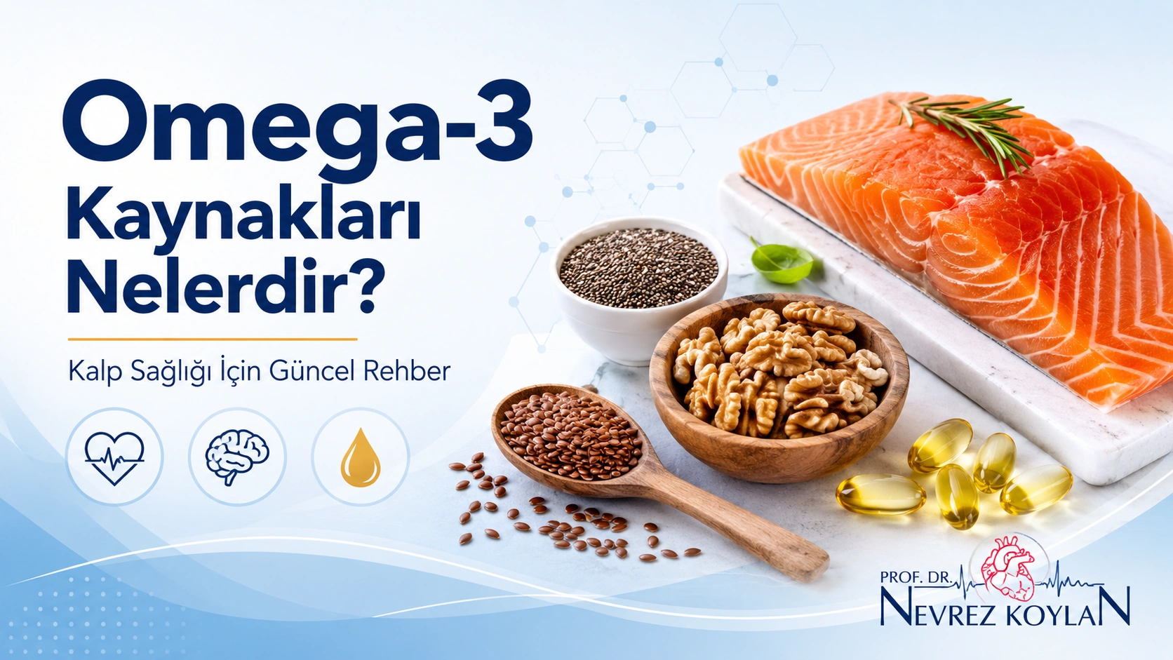 Omega-3 kaynaklarını gösteren somon, ceviz, chia tohumu, keten tohumu ve balık yağı kapsülleriyle hazırlanmış sağlık blogu kapak görseli