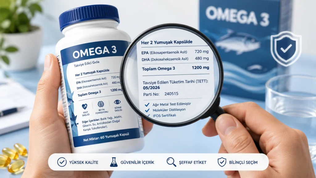 Bir kişinin büyüteçle omega-3 takviyesi etiketindeki EPA ve DHA miktarlarını, toplam omega-3 içeriğini ve son tüketim tarihini incelediğini gösteren sağlık illüstrasyonu