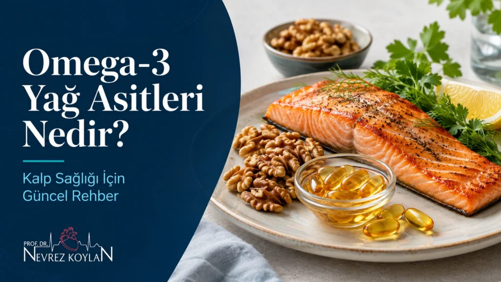 Omega-3 yağ asitlerini ve kalp sağlığıyla ilişkisini anlatan, somon, ceviz ve omega-3 kapsülleri içeren tıbbi blog kapak görseli