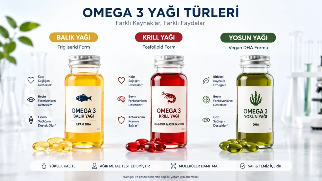 Balık yağı, krill yağı ve yosun yağını karşılaştıran, farklı omega-3 kaynaklarını gösteren bilgilendirici infografik