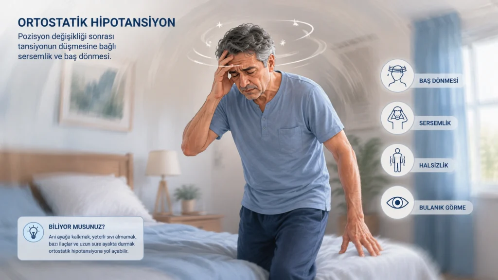 Yataktan kalkarken baş dönmesi ve sersemlik yaşayan kişiyi gösteren ortostatik hipotansiyon tıbbi illüstrasyonu