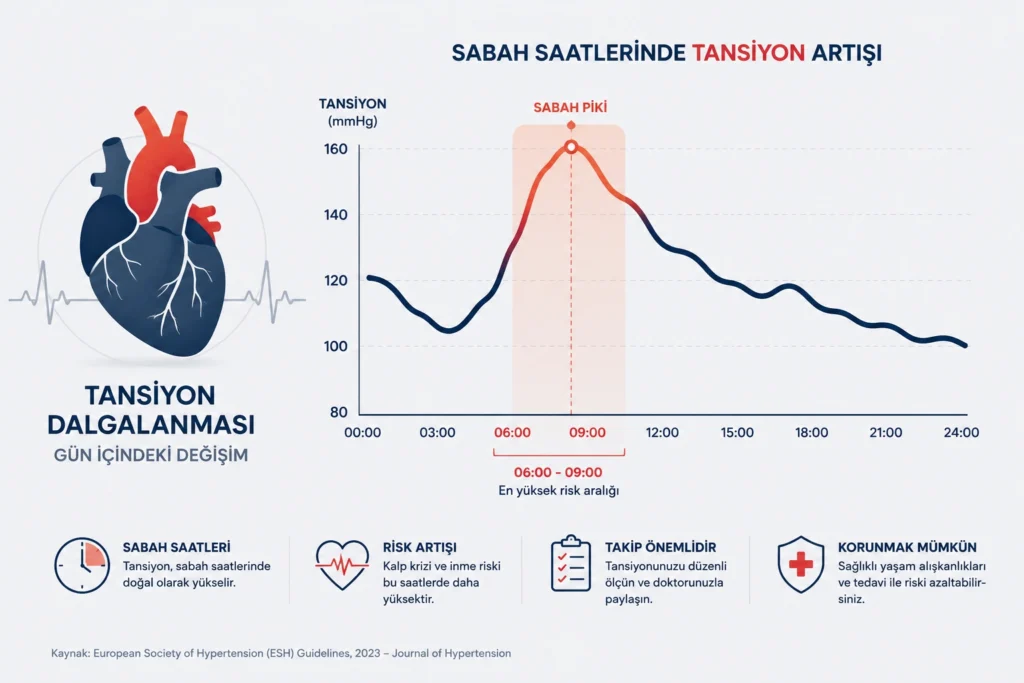 Sabah saatlerinde tansiyon ve kalp krizi riskinin arttığını gösteren grafik illüstrasyonu