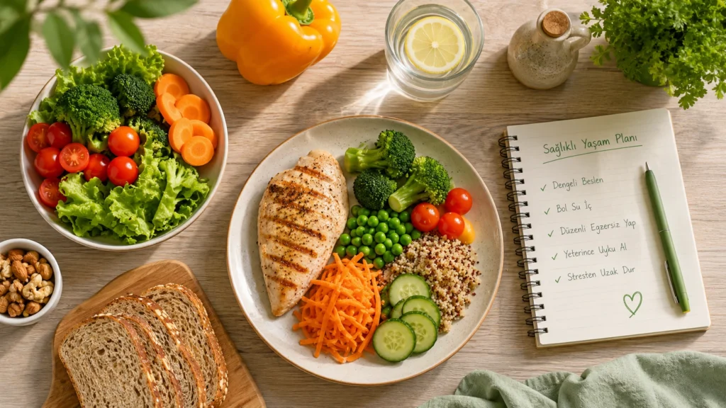 Sebzeler, tam tahıllı ekmek, yağsız protein, su ve sağlıklı yaşam planını gösteren dengeli beslenme flat lay görseli