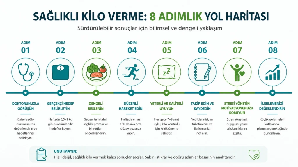 Sağlıklı kilo verme sürecini doktor görüşmesi, beslenme, egzersiz, uyku, takip ve stres yönetimi dahil 8 adımda gösteren infografik