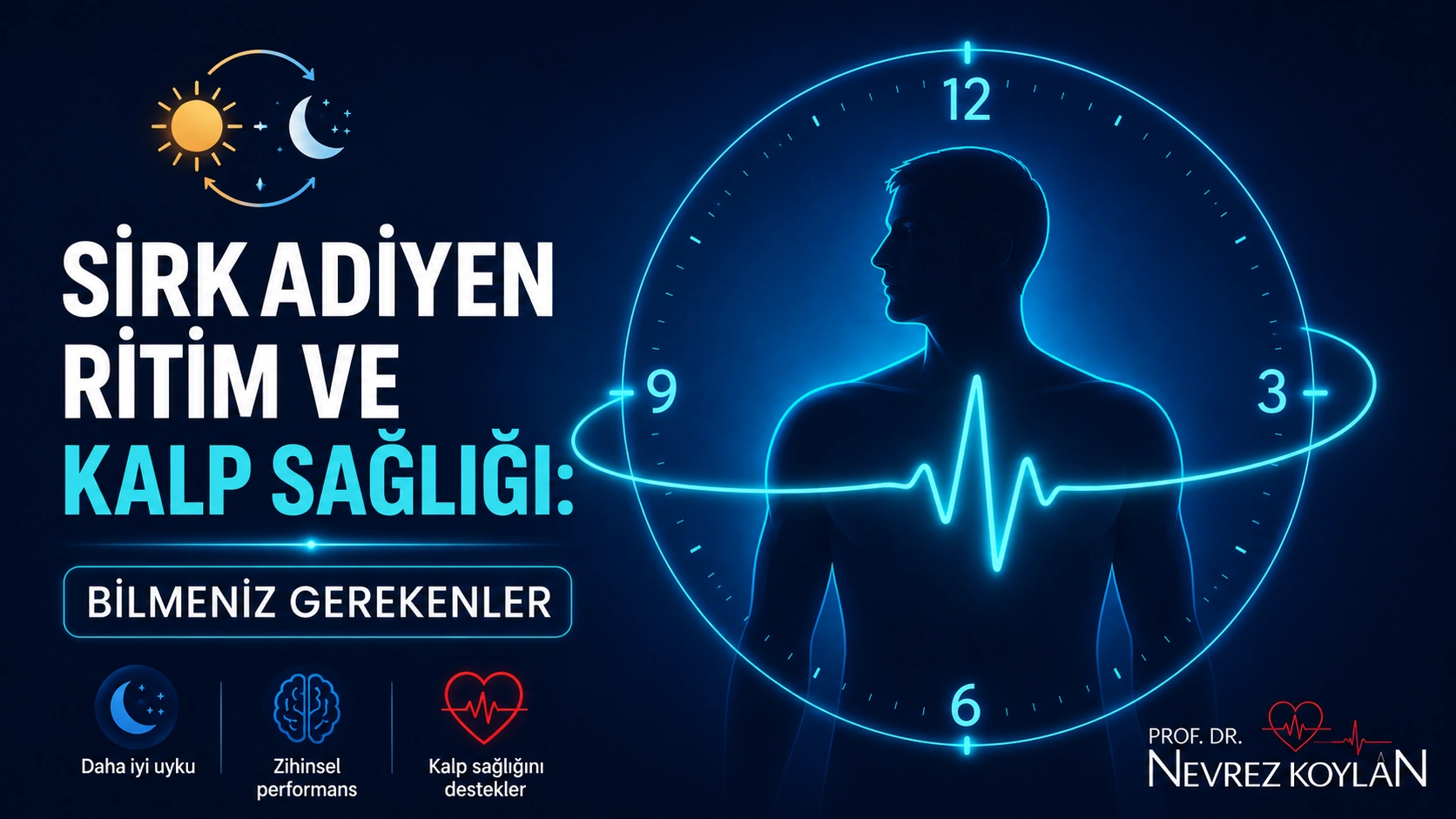 Sirkadiyen ritim ve kalp sağlığı ilişkisini gösteren kapak görseli — nabız dalgası ve 24 saatlik biyolojik saat illüstrasyonu
