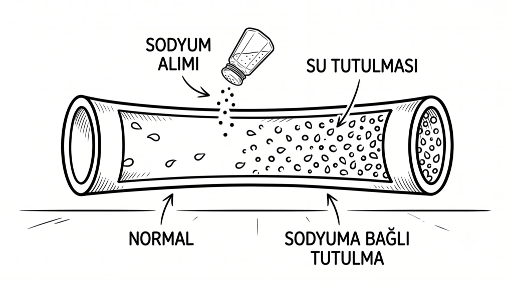 Sodyum alımının vücutta su tutulmasına etkisini gösteren siyah beyaz çizim. Bir damar kesitine dökülen tuz ve sonrasında oluşan su damlacıklarının artışı sembolize ediliyor.