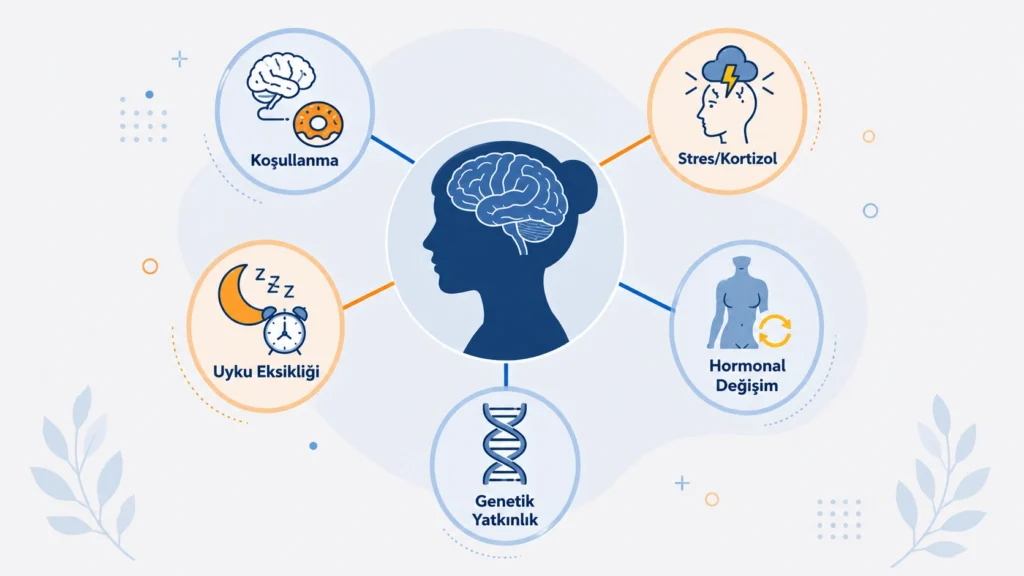 Tatlı krizinin beş temel nedenini gösteren infografik: koşullanma, stres ve kortizol, uyku eksikliği, hormonal değişim ve genetik yatkınlık