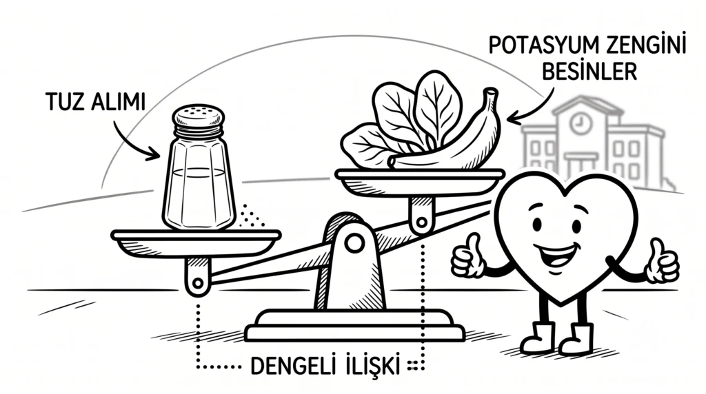 Tuz ve potasyum zengini besinler terazide dengede, kalp figürü onaylıyor.