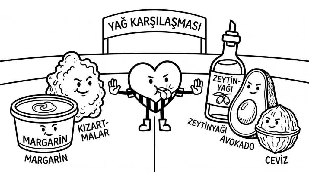 "Sağlıklı ve zararsız yağların karşılaştırıldığı, hakem kalbin ortada durduğu siyah beyaz çizim. Sol tarafta margarin ve kızartmalar, sağ tarafta zeytinyağı, avokado ve ceviz yer alıyor."