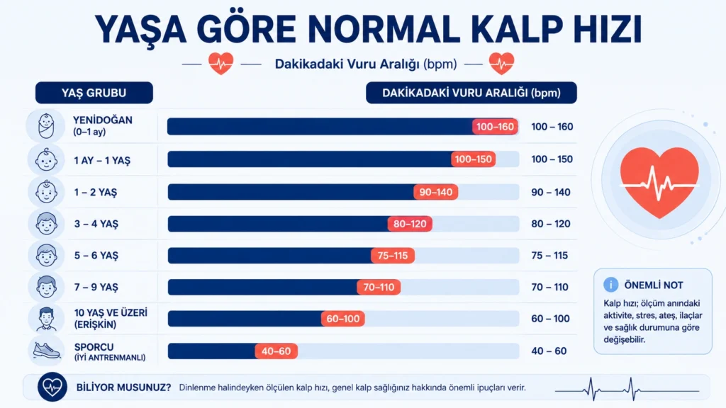 Yenidoğandan yetişkine ve sporculara kadar yaş gruplarına göre normal kalp hızı aralıklarını gösteren tıbbi infografik