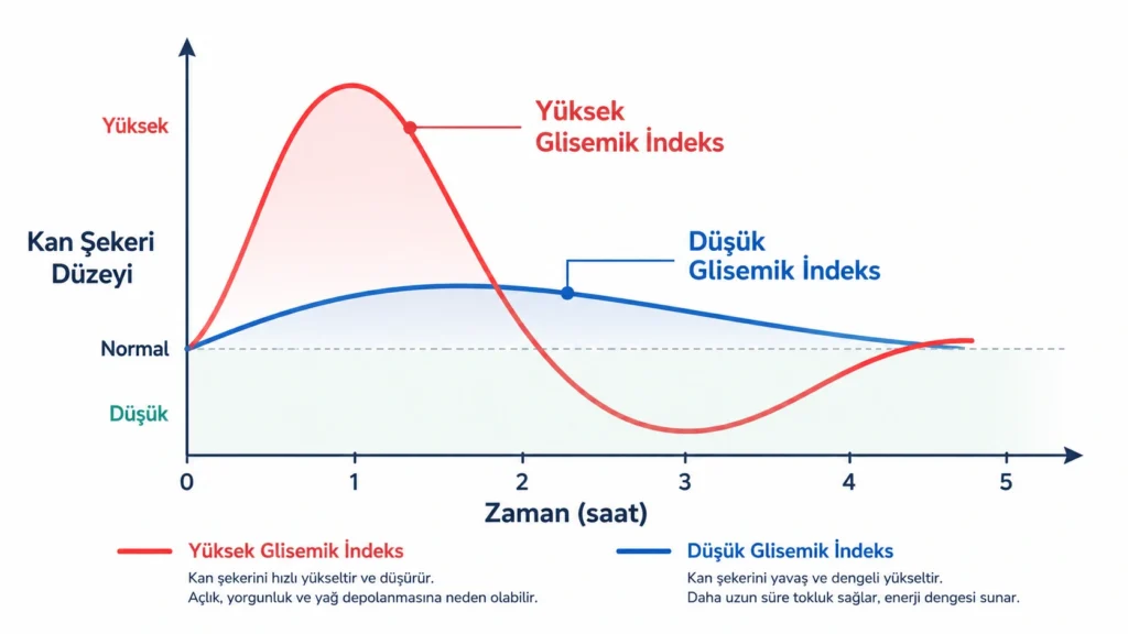 Yüksek glisemik indeksli besinlerin kan şekerinde hızlı yükseliş ve düşüşe, düşük glisemik indeksli besinlerin ise daha yavaş ve dengeli değişime neden olduğunu gösteren karşılaştırmalı grafik