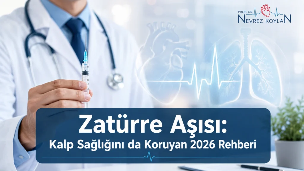 Zatürre aşısının kalp sağlığıyla ilişkisini anlatan, doktor, aşı şırıngası, kalp, akciğer ve EKG motifleri içeren tıbbi blog kapak görseli