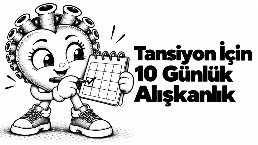 10 günlük alışkanlık yazısının kapağı: elinde küçük bir takvim ve işaret kalemi tutan enerjik siyah-beyaz karikatür kalp
