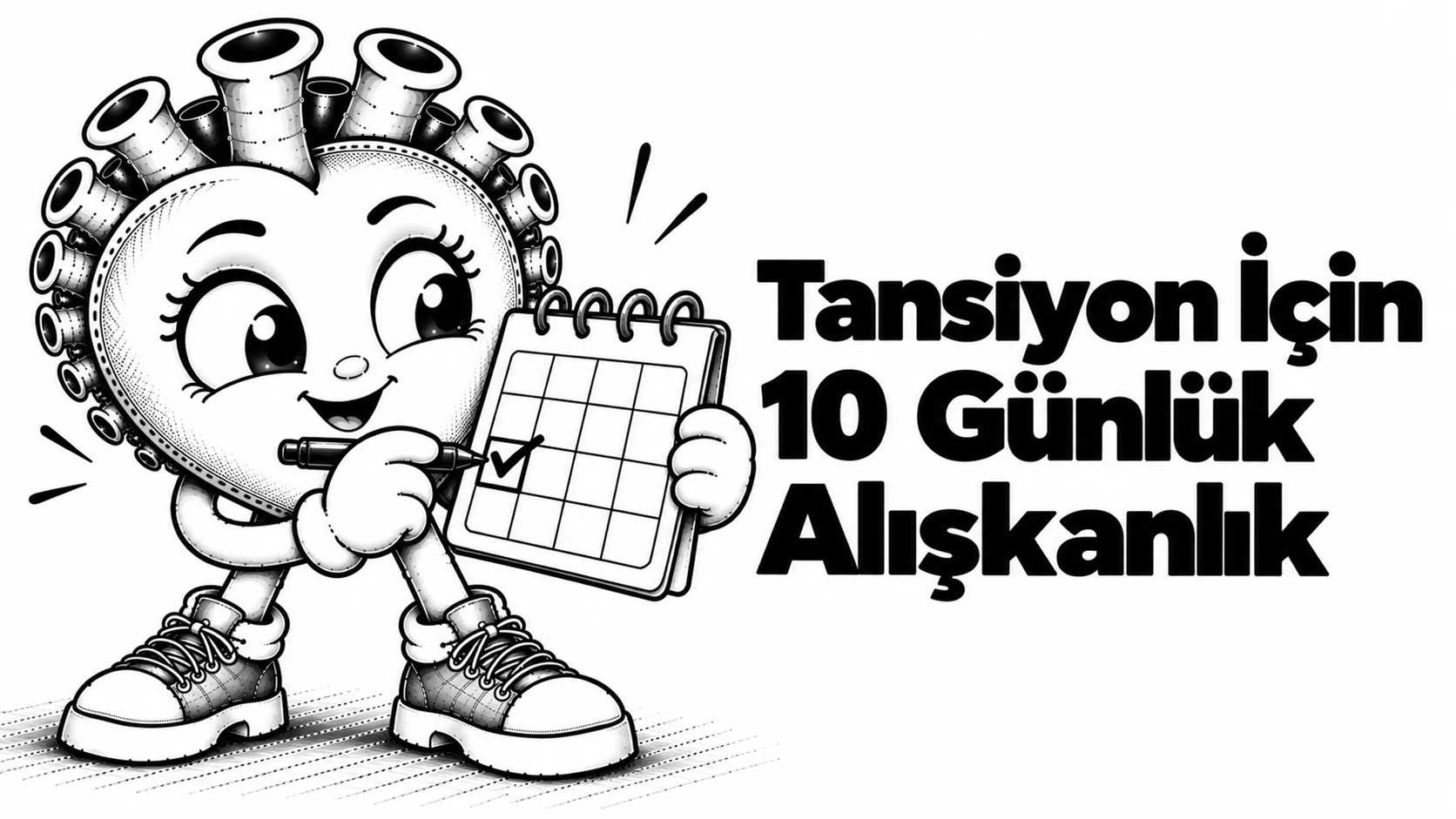 10 günlük alışkanlık yazısının kapağı: elinde küçük bir takvim ve işaret kalemi tutan enerjik siyah-beyaz karikatür kalp
