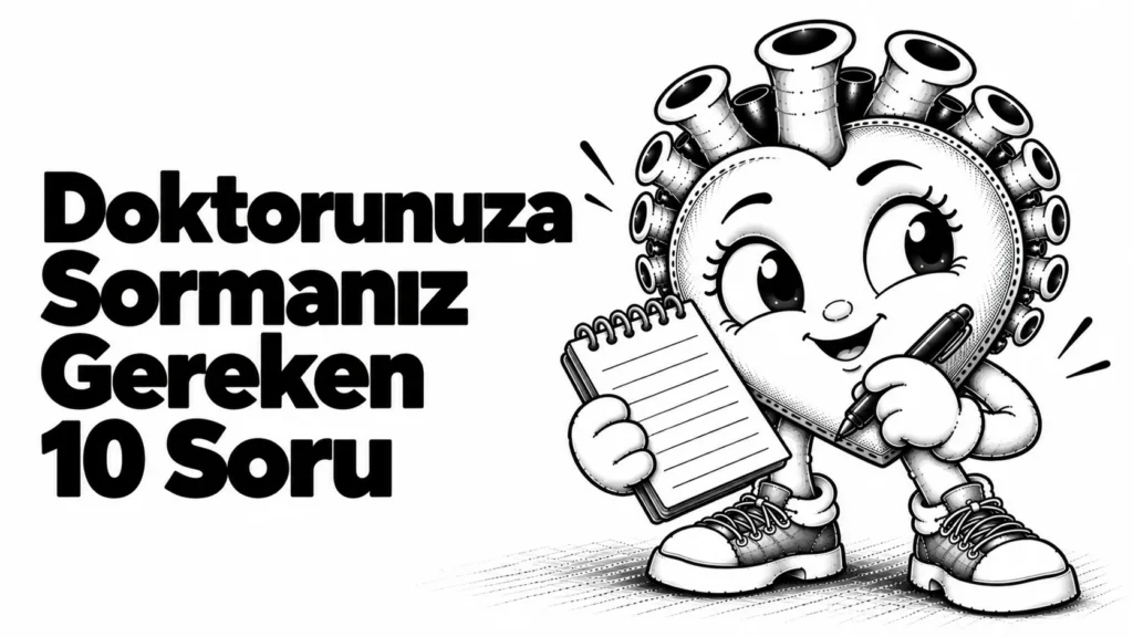 Doktorunuza sormanız gereken 10 soru yazısının kapağı: elinde küçük bir not defteri tutan hazırlıklı siyah-beyaz karikatür kalp