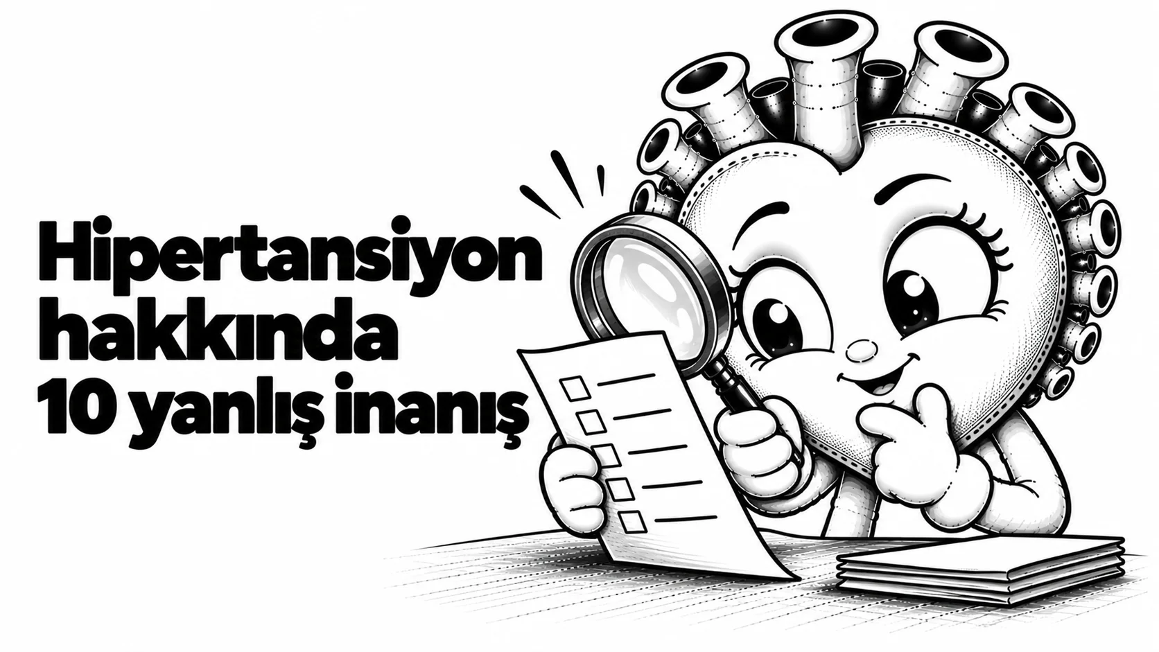 10 yaygın yanlış yazısının kapağı: elinde bir büyüteç tutup dikkatle inceleyen meraklı siyah-beyaz karikatür kalp