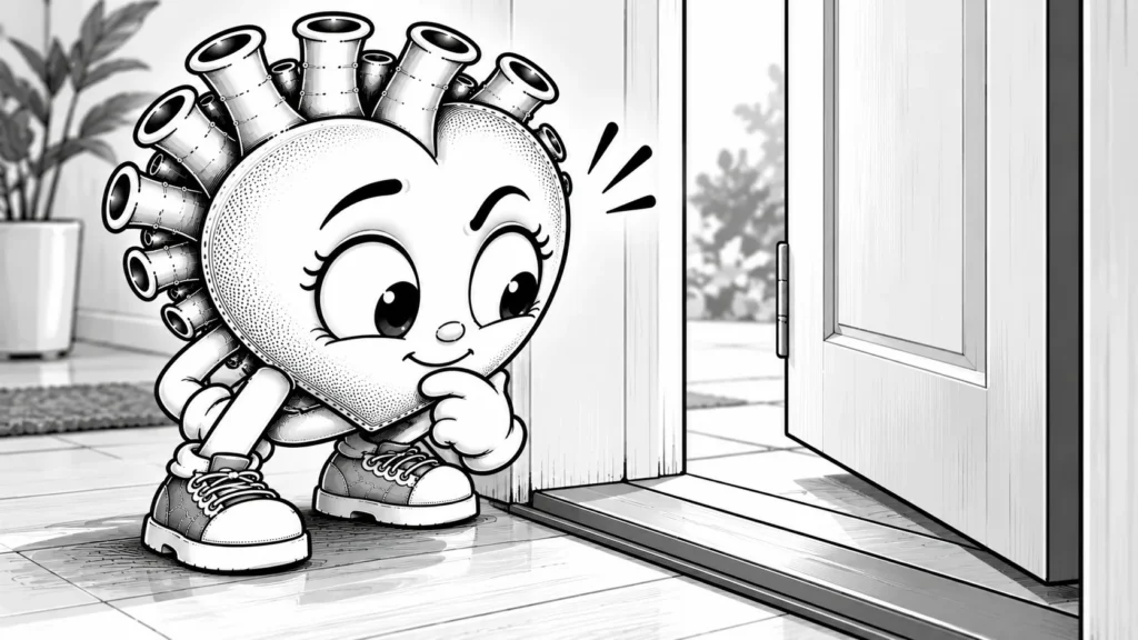 Basit bir kapının eşiğinde duran, eşiği dikkatle inceleyen siyah-beyaz karikatür karakter