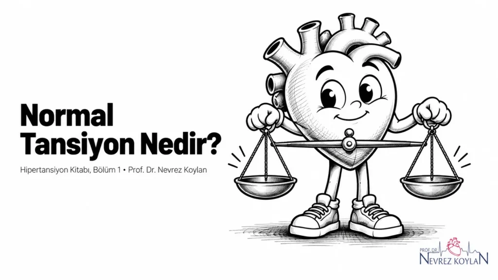 Normal tansiyon nedir yazısının kapağı: elinde dengeli bir terazi tutan siyah-beyaz karikatür kalp