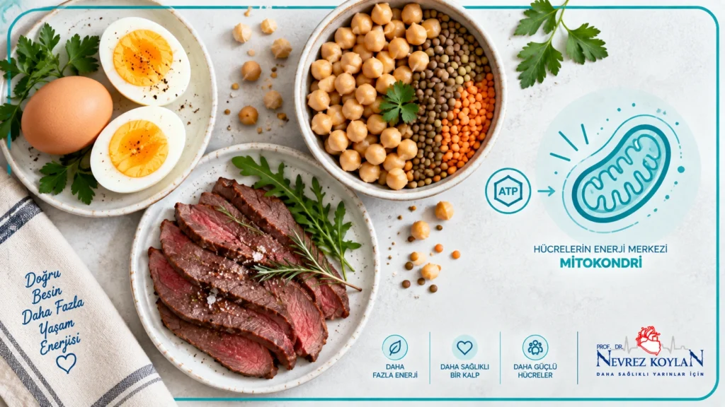 Yumurta, kırmızı et ve baklagiller gibi kolin ve L-karnitin kaynağı besinleri gösteren görsel