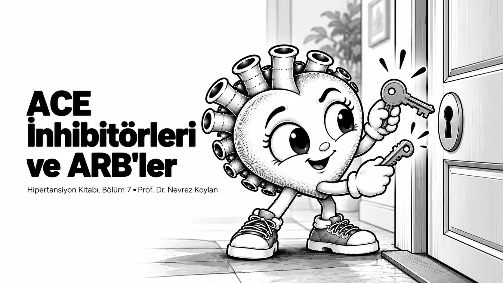 ACE inhibitörleri ve ARB'ler yazısının kapağı: iki farklı anahtarla aynı kapıyı açmaya çalışan siyah-beyaz karikatür kalp