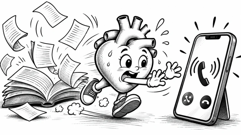 Kitabı bırakıp telefona uzanan telaşlı karikatür karakter: acil durumda kitap okunmaz, yardım çağrılır