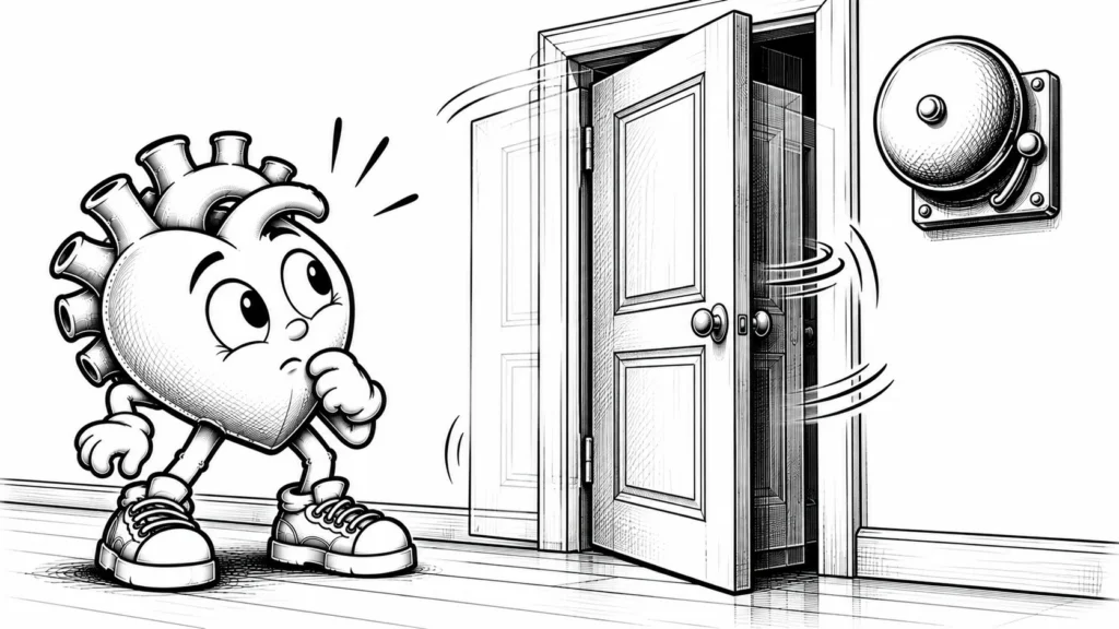Sessizce açılıp kapanan bir kapının yanında duran, hiç zil çalmayan bir alarm cihazına şaşkın bakan karikatür karakter