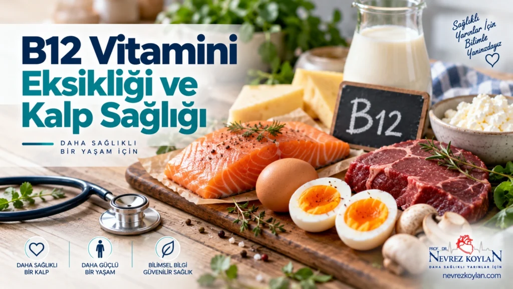 B12 vitamini eksikliği belirtileri ve kalp sağlığı ile bağlantısını anlatan kapak görseli