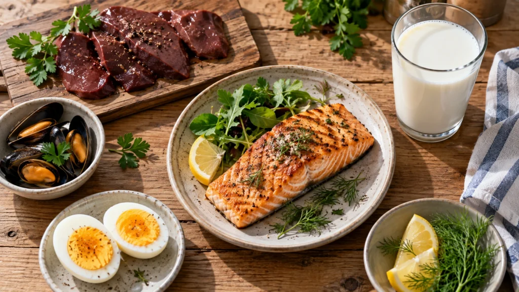 B12 vitamini içeren başlıca hayvansal gıdalar: somon, yumurta, süt ve karaciğer