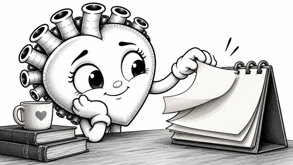 Eski bir takvim yaprağını çeviren, geçmişe bakan siyah-beyaz karikatür karakter
