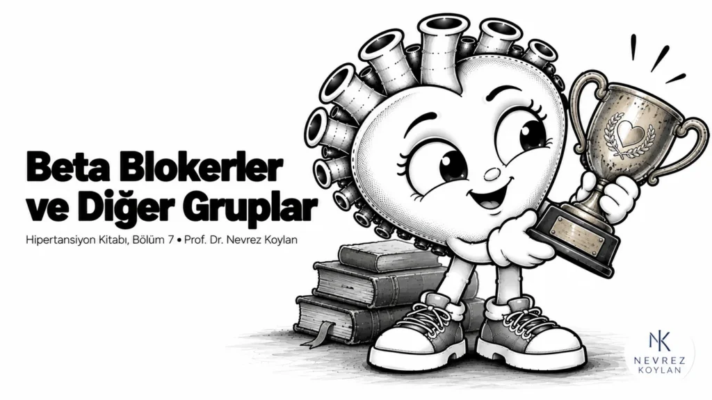 Beta blokerler ve diğer gruplar yazısının kapağı: elinde eski bir ödül kupası tutan düşünceli siyah-beyaz karikatür kalp
