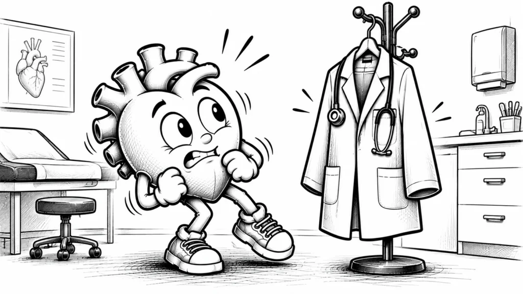 Doktor önlüğünü görünce hafifçe irkilen ama aslında sakin olan siyah-beyaz karikatür kalp karakteri