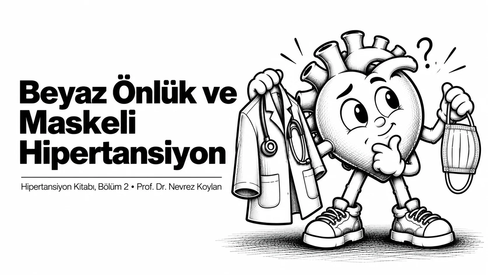 Beyaz önlük ve maskeli hipertansiyon yazısının kapağı: bir elinde beyaz önlük, diğer elinde maske tutan siyah-beyaz karikatür kalp