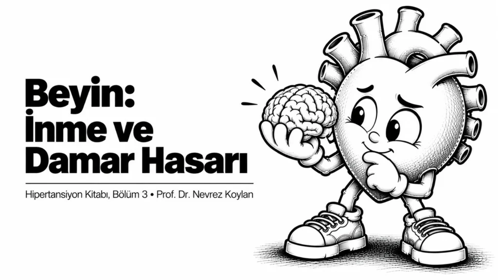 Beyin inme ve damar hasarı yazısının kapağı: elinde küçük bir beyin modeli tutan endişeli ama umutlu siyah-beyaz karikatür kalp