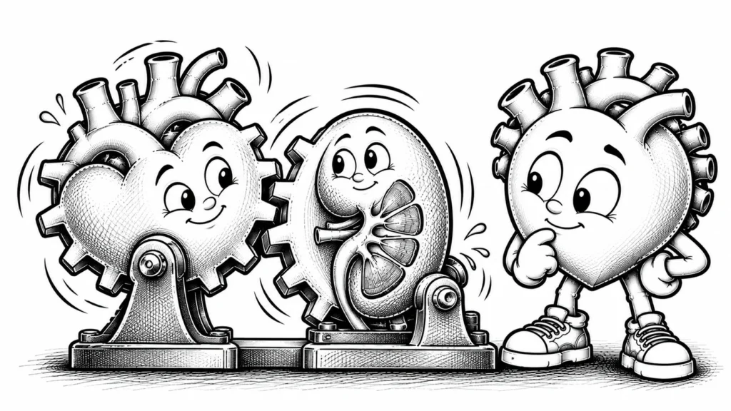 Kendi kuyruğunu kovalayan, birbirini besleyen iki dişliyi temsil eden siyah-beyaz karikatür karakter