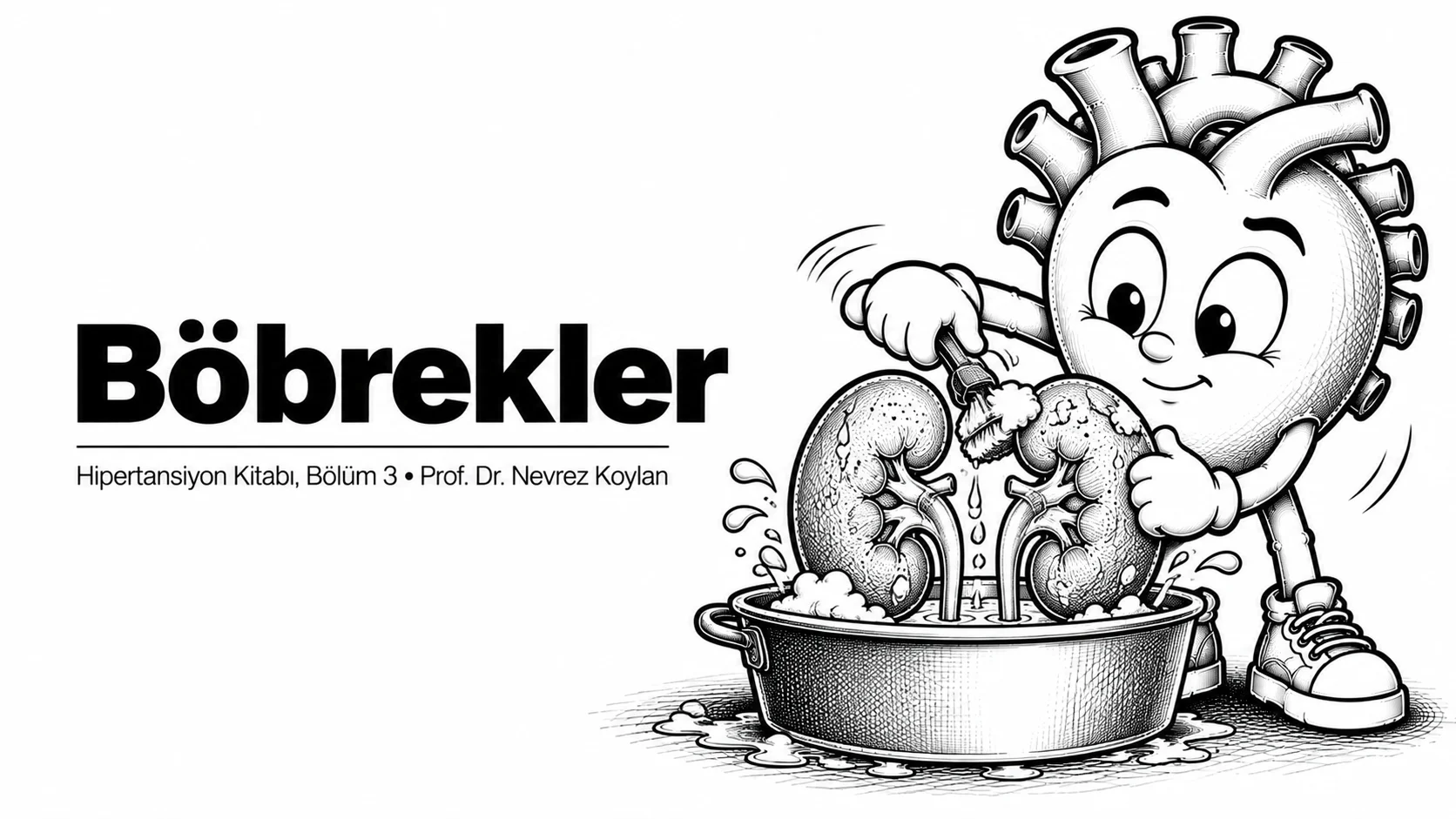 Böbrekler yazısının kapağı: iki böbrek şeklindeki filtreyi özenle temizleyen siyah-beyaz karikatür kalp