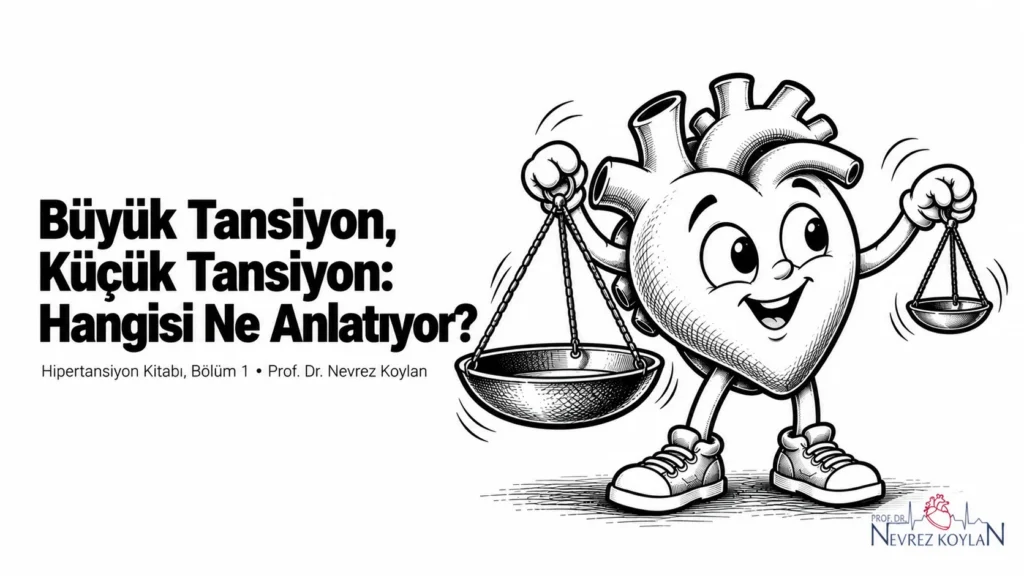 Büyük tansiyon küçük tansiyon yazısının kapağı: elinde iki farklı boyutta tartı tutan siyah-beyaz karikatür kalp