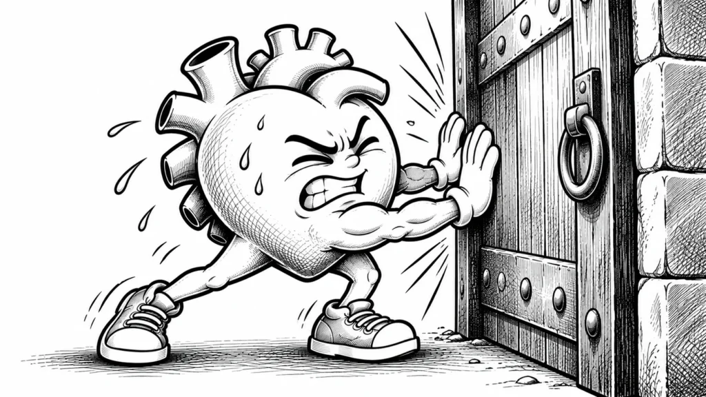 Tüm gücüyle bir kapıyı iterken tepe basıncını gösteren siyah-beyaz karikatür kalp pompası