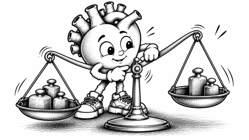 İki farklı yaş döneminde yön değiştiren bir terazi kefesini dengelemeye çalışan siyah-beyaz karikatür karakter