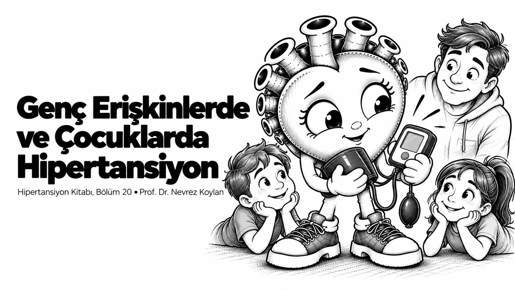 Genç erişkinlerde ve çocuklarda hipertansiyon yazısının kapağı: küçük bir tansiyon aletini şefkatle inceleyen sevimli siyah-beyaz karikatür kalp