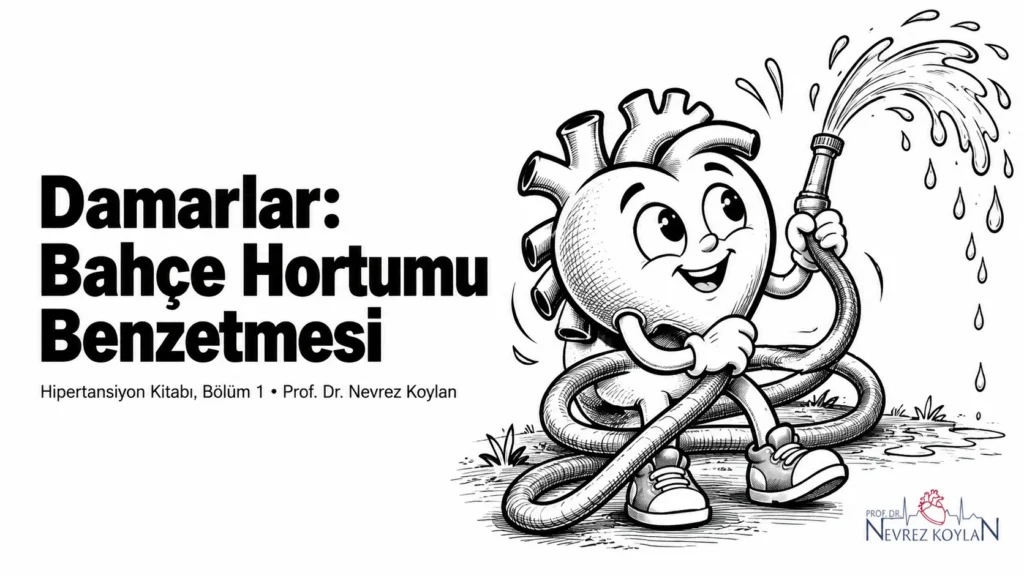 Damarlar bahçe hortumu benzetmesi yazısının kapağı: kıvrımlı bir bahçe hortumunu neşeyle sulayan siyah-beyaz karikatür kalp